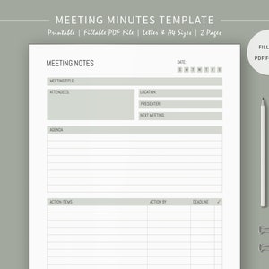 Meeting Notes Template, Meeting Minutes, Work Planner, Virtual Meeting Minutes, Meeting Agenda, Meeting Organizer, Printable PDF, Letter, A4