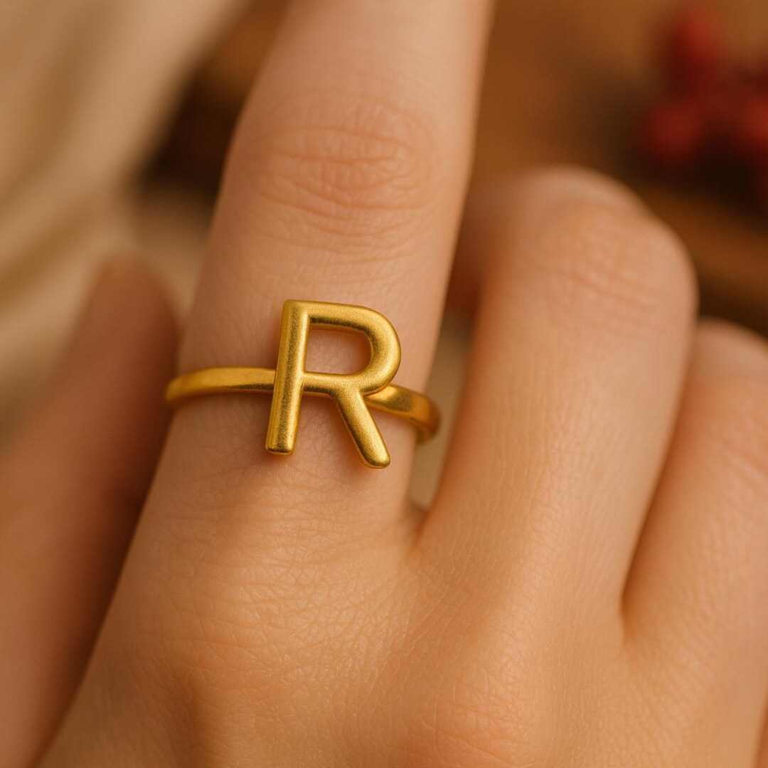 22K Gold R Initial Ring • Real Gold Letter Jewelry • 4.46g Statement ...