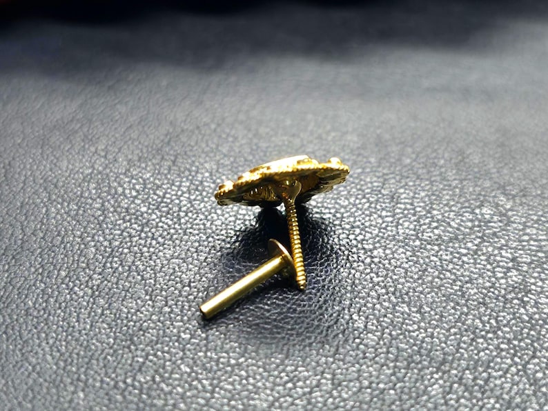 May include: A gold-colored metal decorative nail head with a detailed design. The nail head is attached to a gold-colored metal screw.