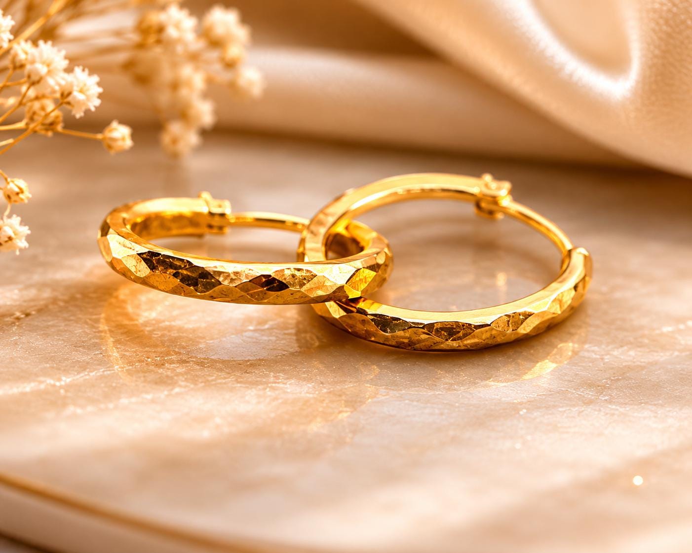 22K Solid Gold Hammered Huggie Hoop Earrings Minimalist Everyday Fine Jewelry