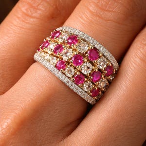 18 kt geelgouden statement ring robijn saffier diamant met meerdere rijen US 7