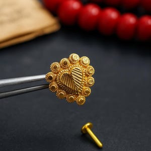 Minimalist 22K Gold bridal nose Stud, Heart with CZ Stones (Dainty Piercing),Minimalist image 1
