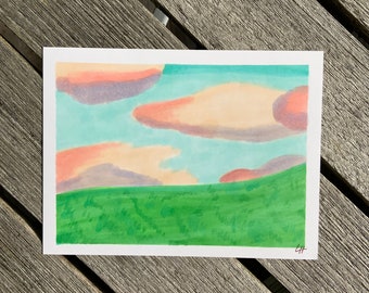 Wiese mit rosa Wolken Copic Original Zeichnung