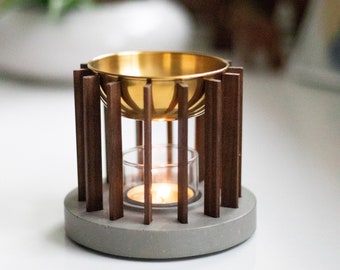 Marisha aroma lamp walnut light gray aroma lamp fragrance warmer with golden bowl and tea light glass lantern for essential oils