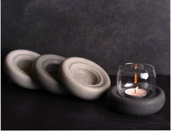 Marisha Lantern Concrete Tealight Holder with Glass of Borosilicate Porcelain Stone Candle Holder in Set of 2