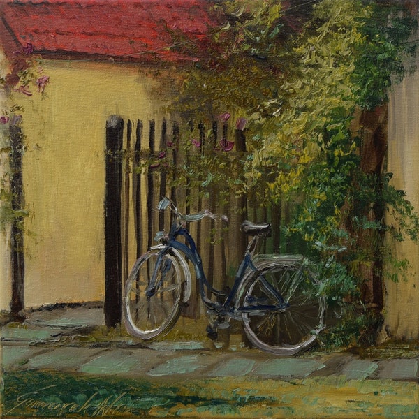 Vélo" Peinture à l'huile originale 30x30cm signée Garncarek Al,,