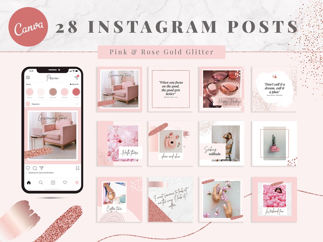 Instagram Post Template Canva - Pink Rose Gold Glitter - Feminine ...
