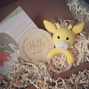 Personalized Baby Shower Gift Box| Christmas Baby Gift| Crochet Animal Rattle Baby Gift|Wooden Baby Keepsake|Hand Written Greeting Card