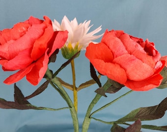 Handmade Crepe Paper Flower Bouquet: Red Peonies and Dahlia