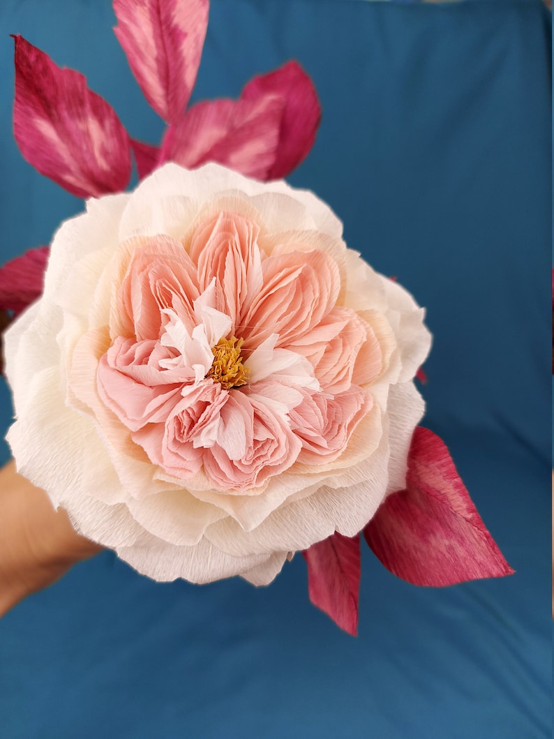 May include: A delicate paper flower with a pink and white center and pink petals. The flower is surrounded by pink leaves.