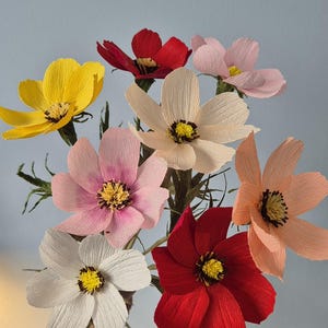 May include: A bouquet of eight paper flowers in various colors, including yellow, pink, red, and white. The flowers are arranged in a hand-held bouquet.