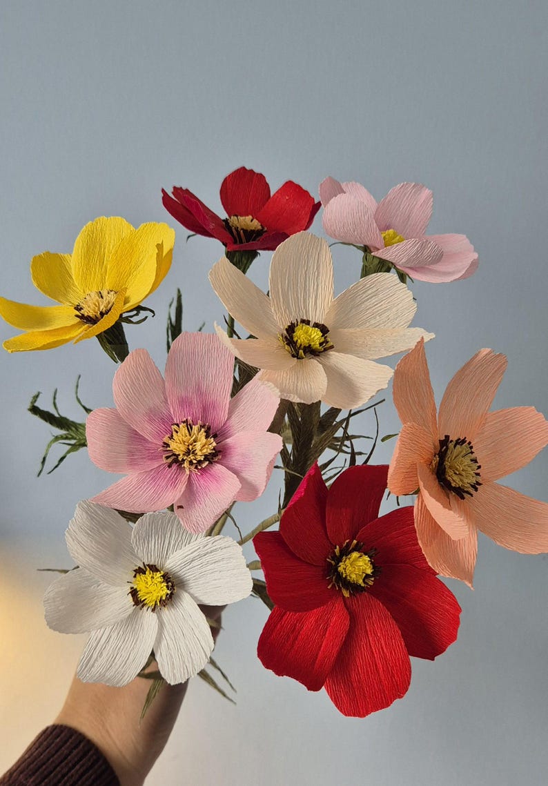 May include: A bouquet of eight paper flowers in various colors, including yellow, pink, red, and white. The flowers are arranged in a hand-held bouquet.