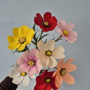 May include: A bouquet of seven paper flowers in various colors, including yellow, pink, red, and white. The flowers are arranged in a fan shape and have a delicate, layered appearance.