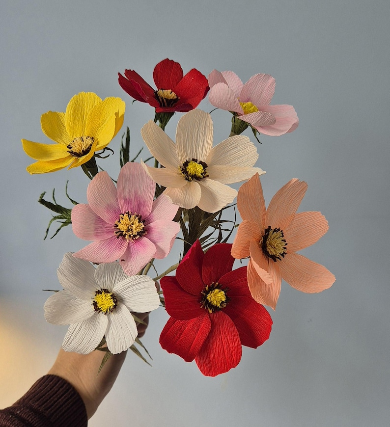 May include: A bouquet of eight paper flowers in various colors, including red, pink, yellow, and white. The flowers are arranged in a hand-held bouquet.
