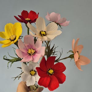 May include: A bouquet of paper flowers in various colors, including red, pink, yellow, and white. The flowers are arranged in a hand-held bouquet.