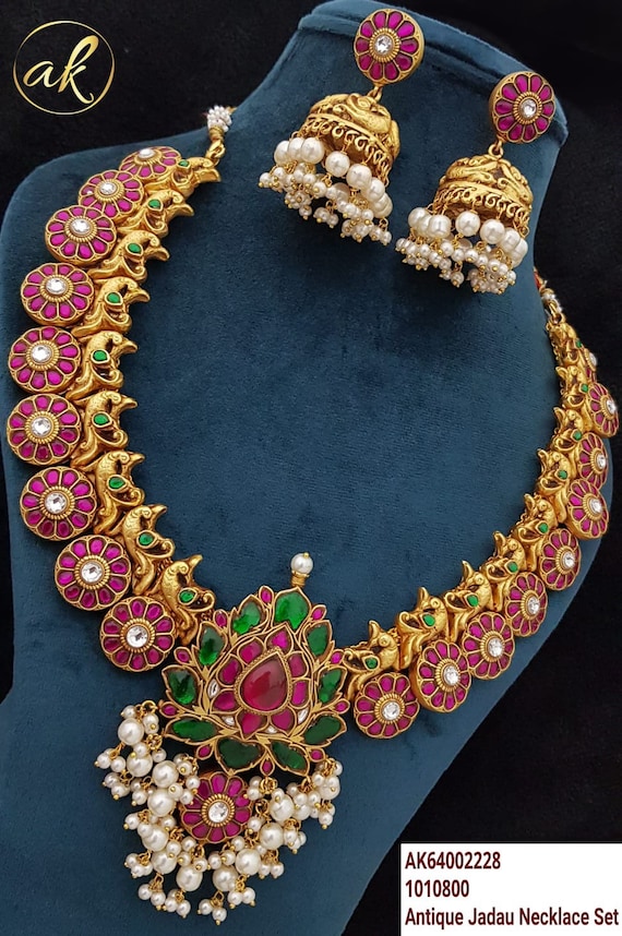 Silver Heavy Jadau Haaram for Wedding Maroon and Green Jadau Stones With Earring Etsy
