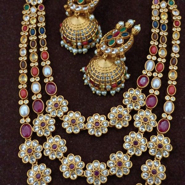 Matte navaratna haaram with matching jumkha/wedding haaram/ heavy piece/ gem stone piece for brides