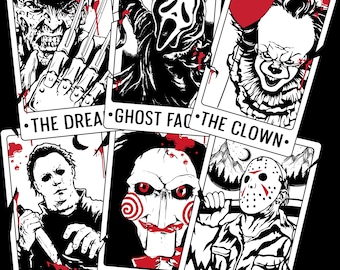 May include: Set of six black and white horror-themed tarot cards. Each card features a different character, including Freddy Krueger, Ghostface, and Pennywise. The cards have red blood splatter accents and text at the bottom.