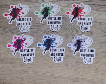 May include: Six colourful stickers featuring a silhouette of a person running with a football. Each sticker has the text "Hustle, Hit and Never Quit".