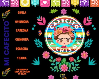 frida khalo sublimación png, cafecito y chisme, tazas frías, café svg, pan mexicano en forma de corazón, conchas, latina png, taza de café