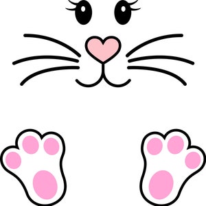 Puede incluir: Una ilustración de dibujos animados de un conejo blanco con orejas, nariz y almohadillas de las patas rosas. El conejo tiene pestañas y bigotes negros.
