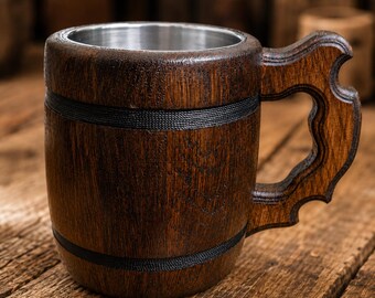 Wooden Beer Mug 17 oz with Stainless Steel Insert – Handmade Oak Beer Stein – Viking Tankard – Gift for Men