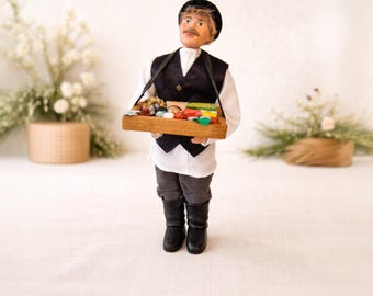 Vintage Peddler Doll with Market Tray | Handmade Collectible Cloth Doll | Rustic Folk Art Decor | Unique Gift for Doll Collectors