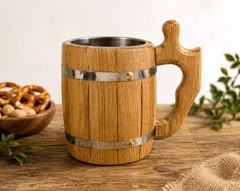 Handmade Oak Beer Mug 500ml with Stainless Steel Insert – Wooden Beer Stein – Rustic Tankard – Father's Day Gift for Him