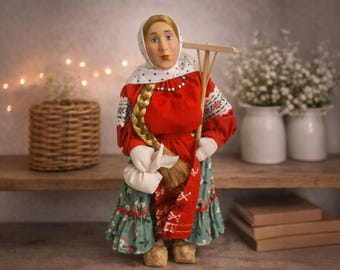 Handmade Folk Art Doll with Rake – Traditional Country Girl Figurine, Rustic Farmhouse Decor, Collectible Cloth Doll Gift