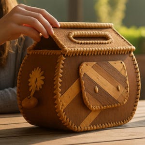 Könnte beinhalten: Eine handgefertigte, braune Birkenrindenbox in Hausform. Die Box hat einen Griff, eine kleine Klappe und eine dekorative Blume. Die Kanten sind mit einem helleren Material vernäht, und die Box steht auf einer Holzoberfläche.