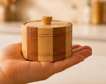 Wooden Spice Jar with Lid 8 cm – Small Wooden Salt Cellar – Handmade Wooden Storage Container for Kitchen – Rustic Spice Box