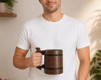 Rustic Wooden Beer Mug 17 oz with Stainless Steel Insert | Viking Beer Stein | Wooden Beer Tankard | Gift for Men | Barrel Mug