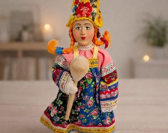 Handmade Folk Art Doll with Wooden Spoon – Traditional Cloth Doll, Rustic Home Decor, Collector Doll, Cultural Gift Idea