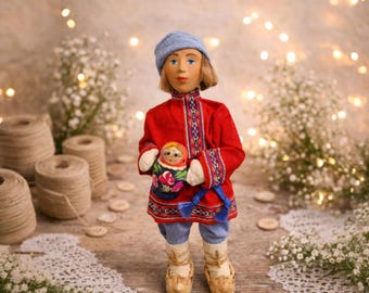 Handmade Russian Folk Doll with Matryoshka – Traditional Slavic Decor, Collectible Cloth Doll, Cultural Gift, Folk Art Figure