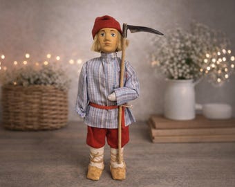 Handmade Farmer Doll with Scythe – Folk Art Figurine, Rustic Farmhouse Decor, Traditional Village Doll, Collector Gift