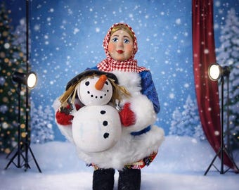 Handmade Winter Doll with Snowman – Folk Art Christmas Decoration, Rustic Holiday Figurine, Traditional Winter Home Decor