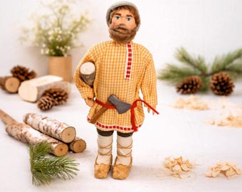 Handmade Lumberjack Doll | Rustic Woodsman Figure with Axe & Log | Folk Art Cloth Doll | Cabin Decor | Collector Gift | 11.4 Inch
