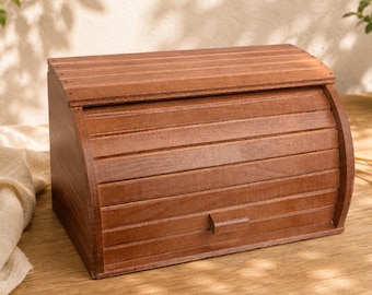 Wooden Bread Box with Roll Top Lid, Handmade Bread Bin, Rustic Kitchen Storage, Farmhouse Countertop Organizer, Wooden Kitchen Decor