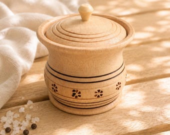 Wood Salt Cellar with Lid, Handmade Beech Wood Salt Container, Wooden Spice Jar, Rustic Kitchen Storage, Natural Kitchen Decor, 3.1 x 3.3 in