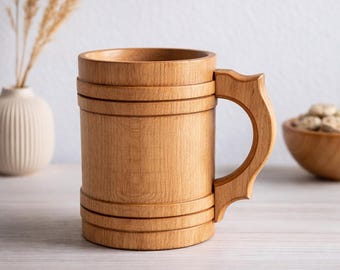 Houten bierpul van 0,5 liter, gemaakt van eikenhout – Rustieke Vikingpul – Handgedraaid – Decoratieve bierpul – Cadeau voor mannen