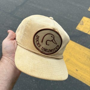 Vintage 80s Corduroy Ducks Unlimited Cream Strapback Hat Cap Patch