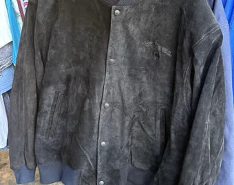 Vintage 90s Camel Joe Black Suede Bomber Jacket Lined Mens Size XL Tobacciana