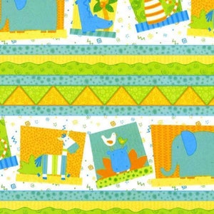 Puede incluir: Un borde colorido con un patrón repetitivo de azul, verde, amarillo y blanco. El borde presenta una variedad de ilustraciones de animales, incluyendo un elefante, una cebra y un pájaro.