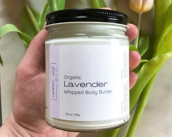 3.8oz ORGANIC Lavender Whipped Body Butter, scented with only 100% pure essential oils - Almond & Coconut Oil for dry skin relief - massage
