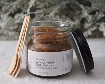 Organic Body Scrub -Vanilla & Brown Sugar Body Polish Exfoliator, scented with only pure essential oils - wellness gift for adults, skincare