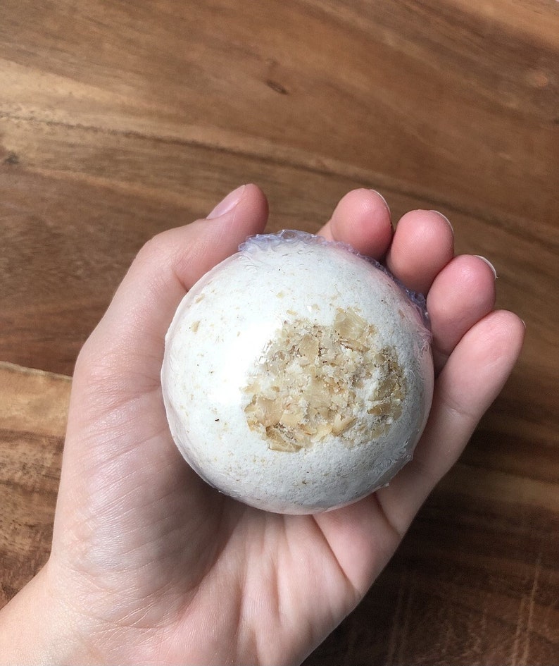 Organic Milky Oat & Honey Bath Bomb scented with only Pure Essential Oils Christmas gift for self care, perfect for wife, kid, and anyone image 4