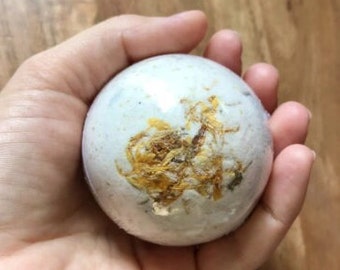 Organic Calendula Bath Bomb scented with only pure essential oils - skin soothing for adults and children, all natural