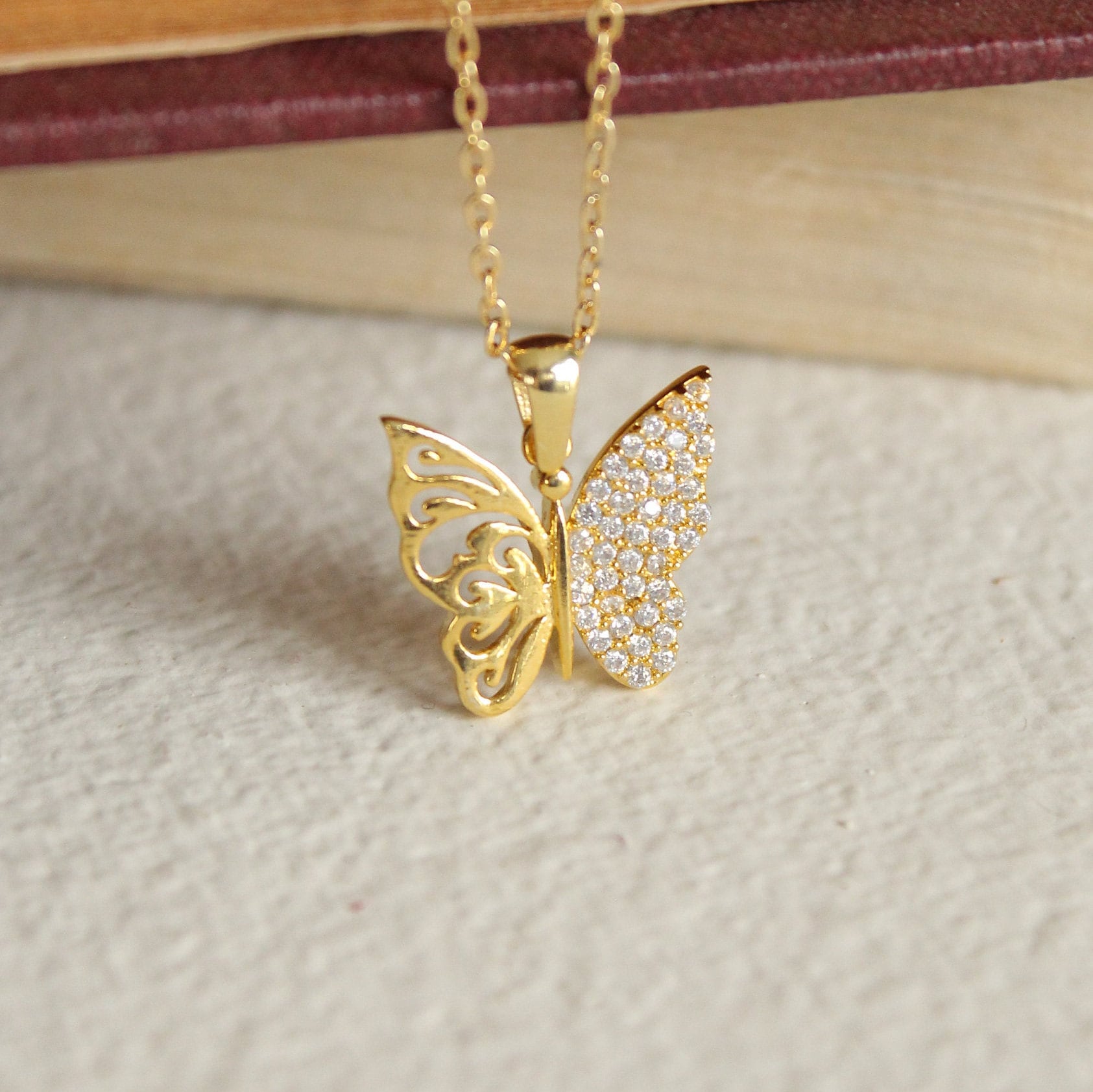 Crystal Zircon Butterfly Pendant Necklace