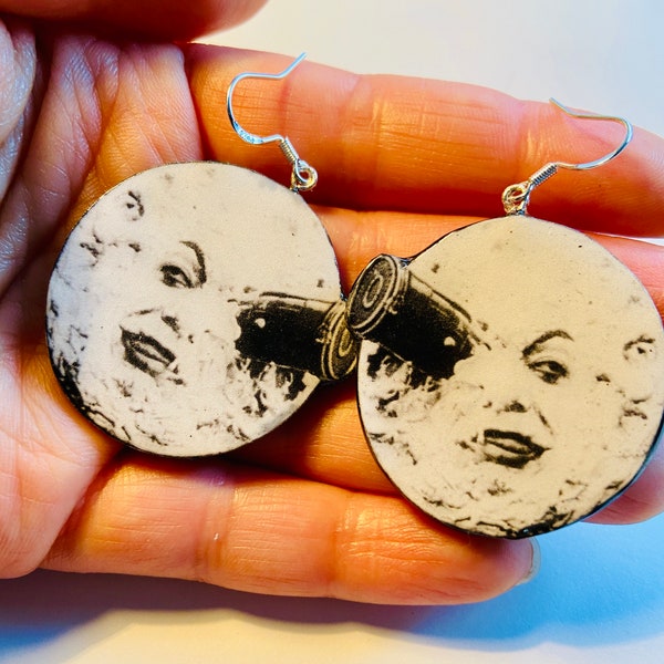 Sci-fi art - Méliès Trip to the Moon statement earrings - classic silent film - for fans of film and weird stuff!