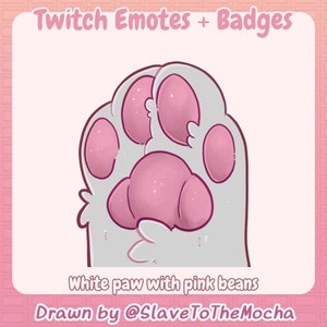 May include: A white paw with pink paw pads, drawn in a cartoon style. The text "White paw with pink beans" is below the paw. The text "Drawn by @SlaveToTheMocha" is below the text.